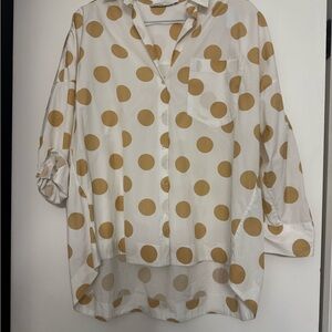 Polka Dot Button-Up Blouse - White and Tan
